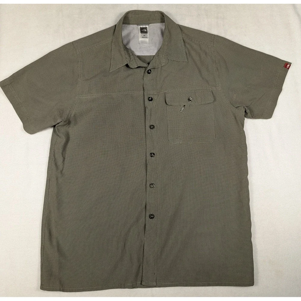 The North Face Mens Olive Green Micro Check Short Sleeve Button Down Shirt M